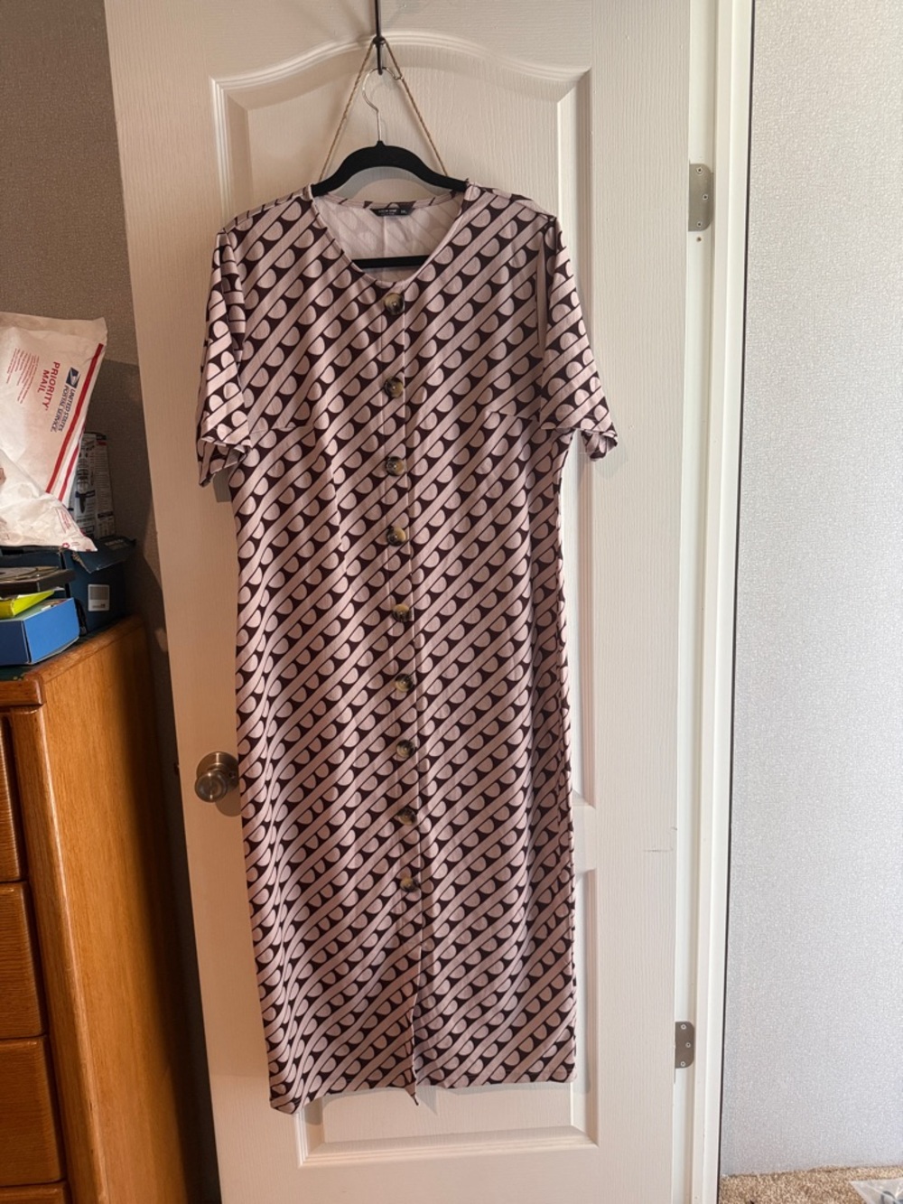 SHEIN Pink Patterned Button-Front Midi Dress